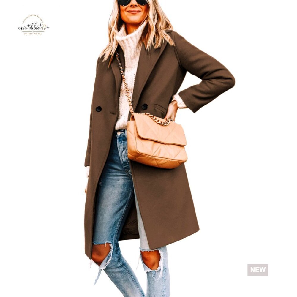 Wool Blend Pea Coat with Notch Lapel Double Breasted Trench